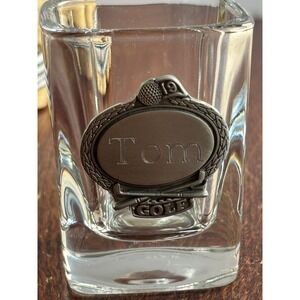 Vintage Personalized Tom Golf Pewter Medallion Square Shot Glass Clear Barware